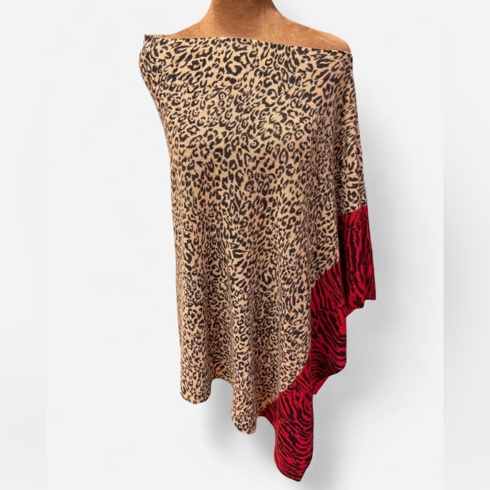 InCashmere Red and Tan Cashmere Poncho travel packable